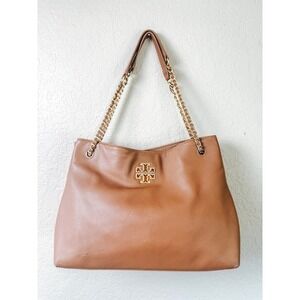 Tory Burch Amanda Large Tote Pebbled Leather Chain Shoulder Bag Camel Tan